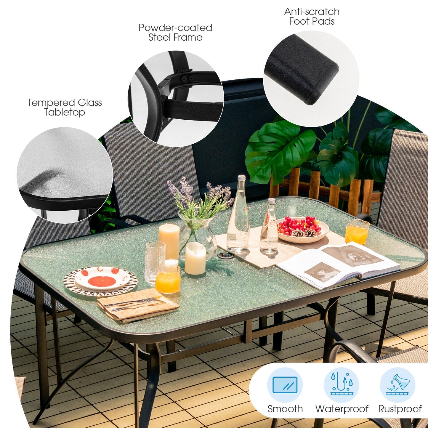 Patio dining table 55 x 35 inch tempered glass with umbrella hole and powder-coated frame on Tampa Home & Garden Store