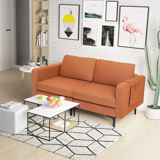 DirectDeals Modern Loveseat Sofa in orange fabric with side storage pocket on Tampa Home & Garden Store