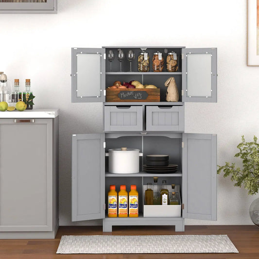 Gray three-tier freestanding bathroom cabinet with glass doors on top and open middle shelf on Tampa Home & Garden Store