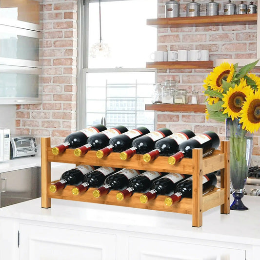 Bamboo 2-Tier Wine Rack for 12 Bottles natural finish on kitchen counter on Tampa Home & Garden Store