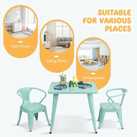 27 Inch Kids Square Steel Activity Table for Play with four turquoise chairs set on Tampa Home & Garden Store