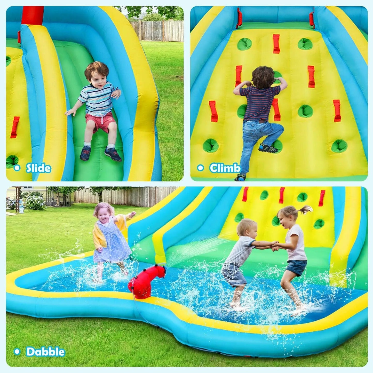 Double Side Water Slide Park With Climbing Wall inflatable, blue yellow green, DirectDeals on Tampa Home & Garden Store