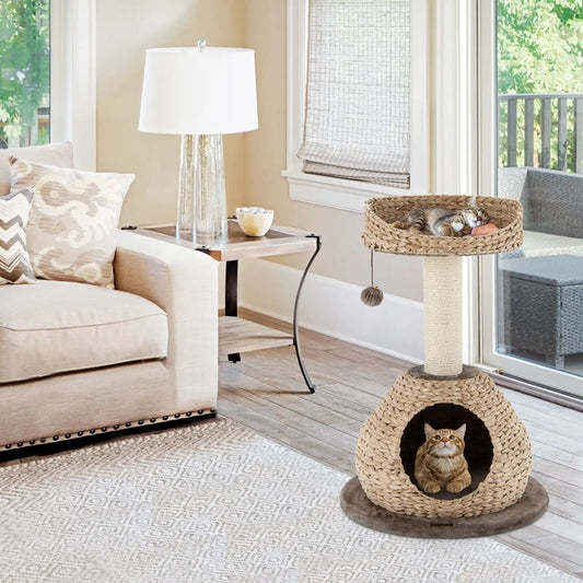 28-Inch Hand-Made Cat Tree Tower with Jump Platform, beige posts, two cat trees DirectDeals on Tampa Home & Garden Store