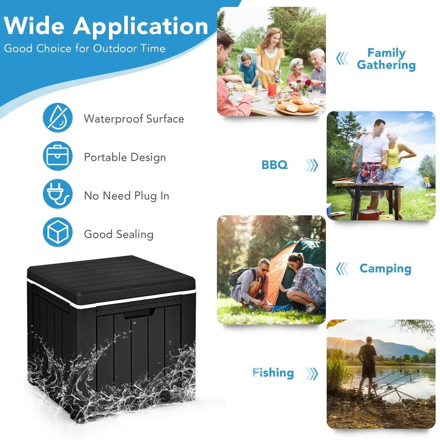 10-Gallon 4-In-1 outdoor storage cooler in black plastic, portable design on Tampa Home & Garden Store