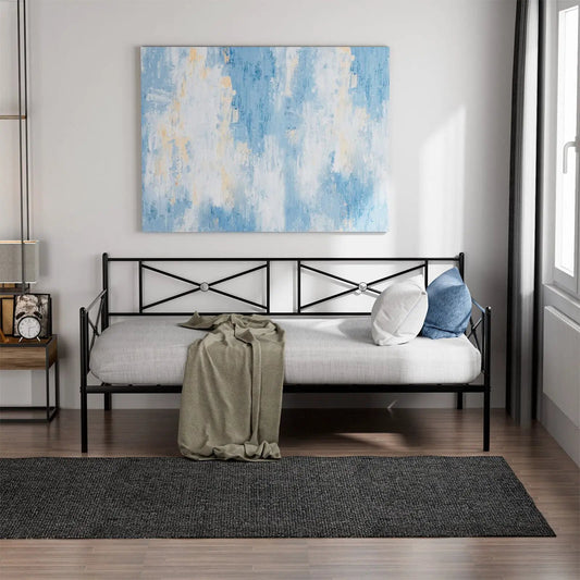 Metal daybed twin bed frame and sofa bed by DirectDeals in black steel with gray mattress on Tampa Home & Garden Store