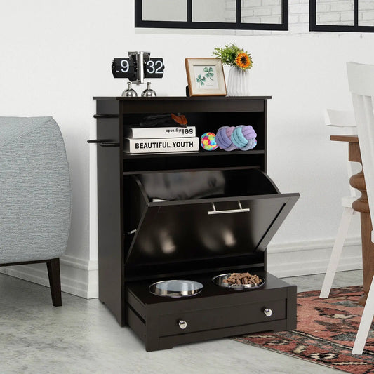 DirectDeals black pet feeder station with stainless steel bowls, wood stand and pull-out drawer on Tampa Home & Garden Store