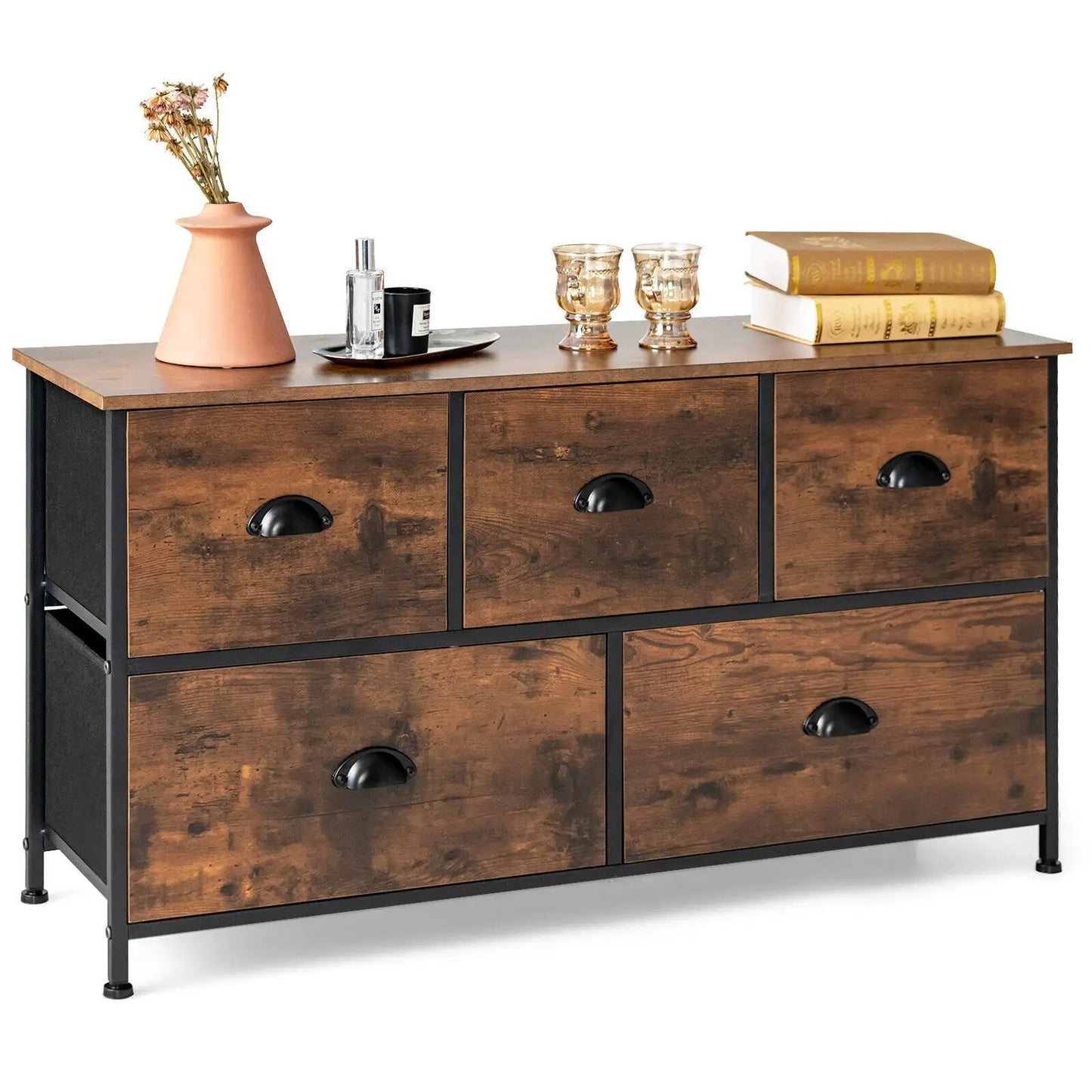 Dresser Organizer with 5 Drawers and Rustic Top, wood-tone finish and black metal frame on Tampa Home & Garden Store