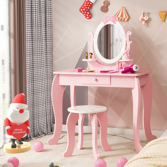 Pink kid vanity table and stool set with oval mirror and bow accents on Tampa Home & Garden Store