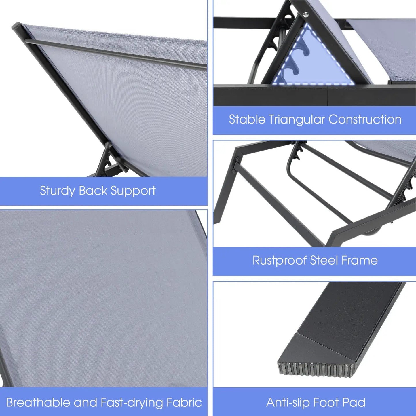 Outdoor adjustable lounge chair with lay-flat gray fabric and rustproof frame DirectDeals on Tampa Home & Garden Store