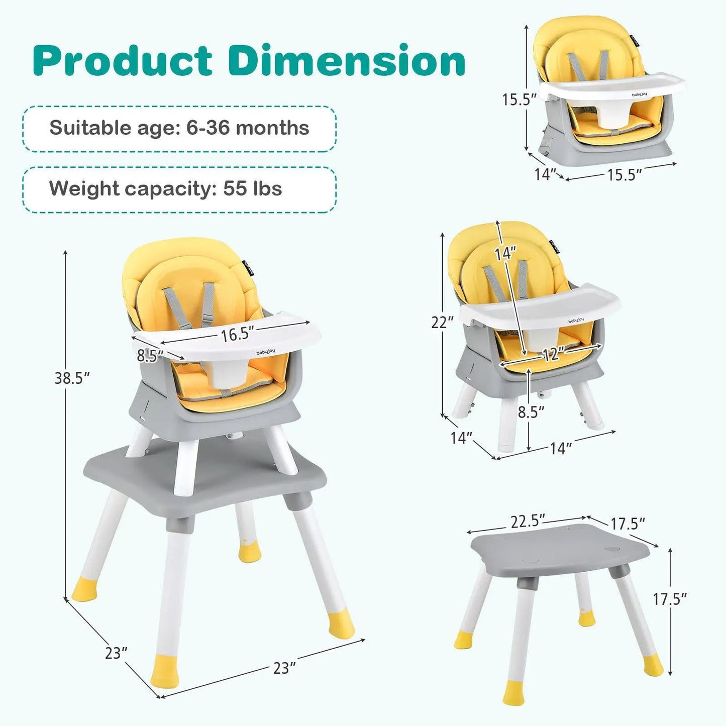 6-in-1 convertible baby high chair with adjustable tray, yellow cushion and gray base on Tampa Home & Garden Store