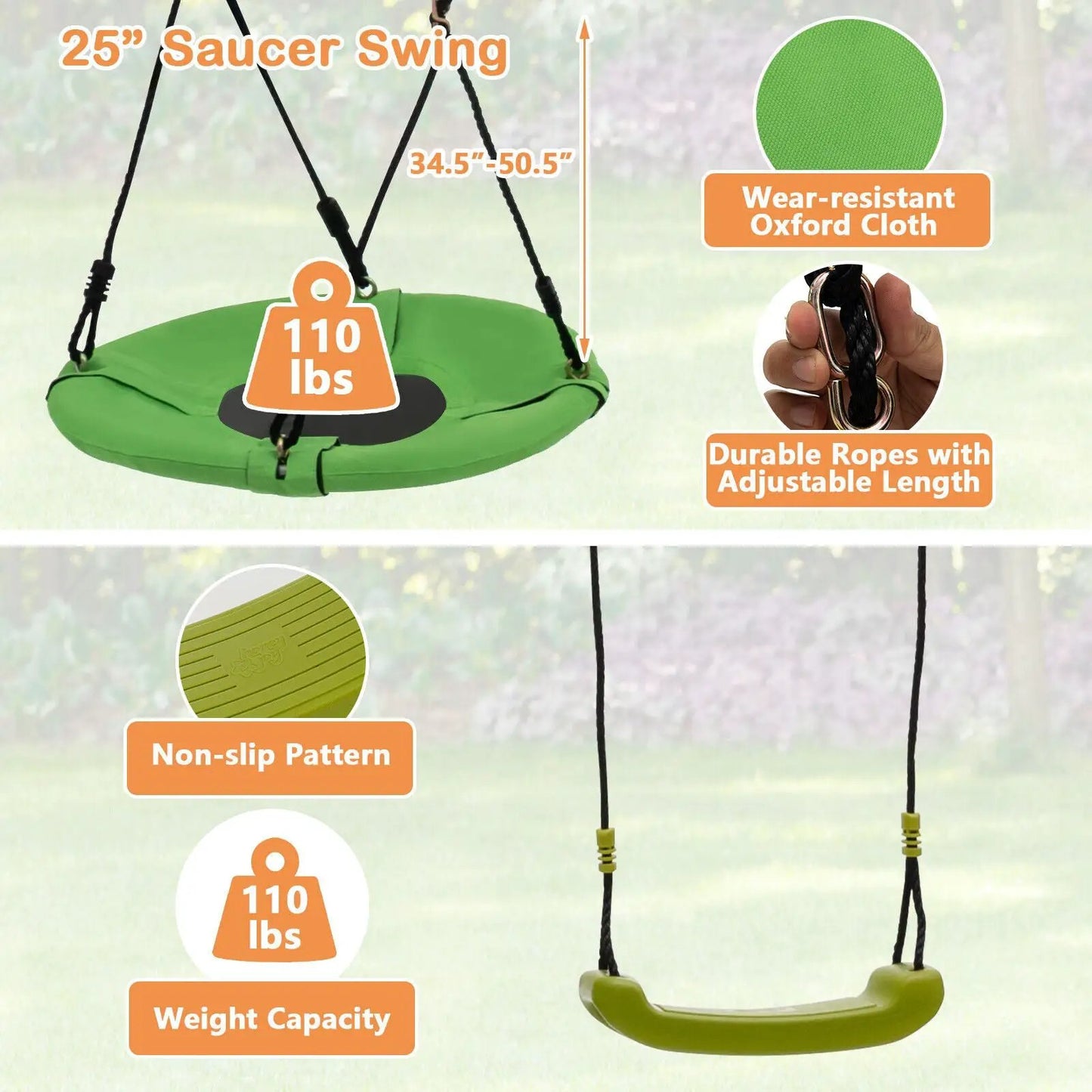 Seven-in-One Stable A-shaped outdoor swing green saucer seat with 110 lbs weight capacity on Tampa Home & Garden Store