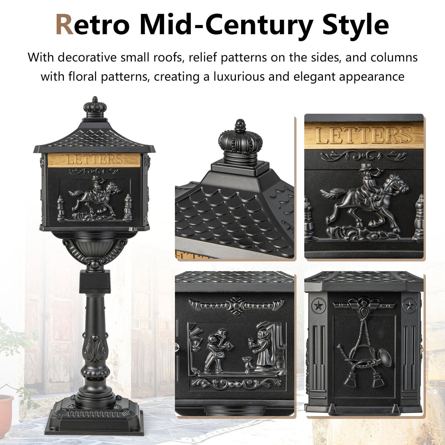 Retro Cast Aluminum Mailbox With Baffle Door by DirectDeals; black ornate mid-century mailbox on Tampa Home & Garden Store