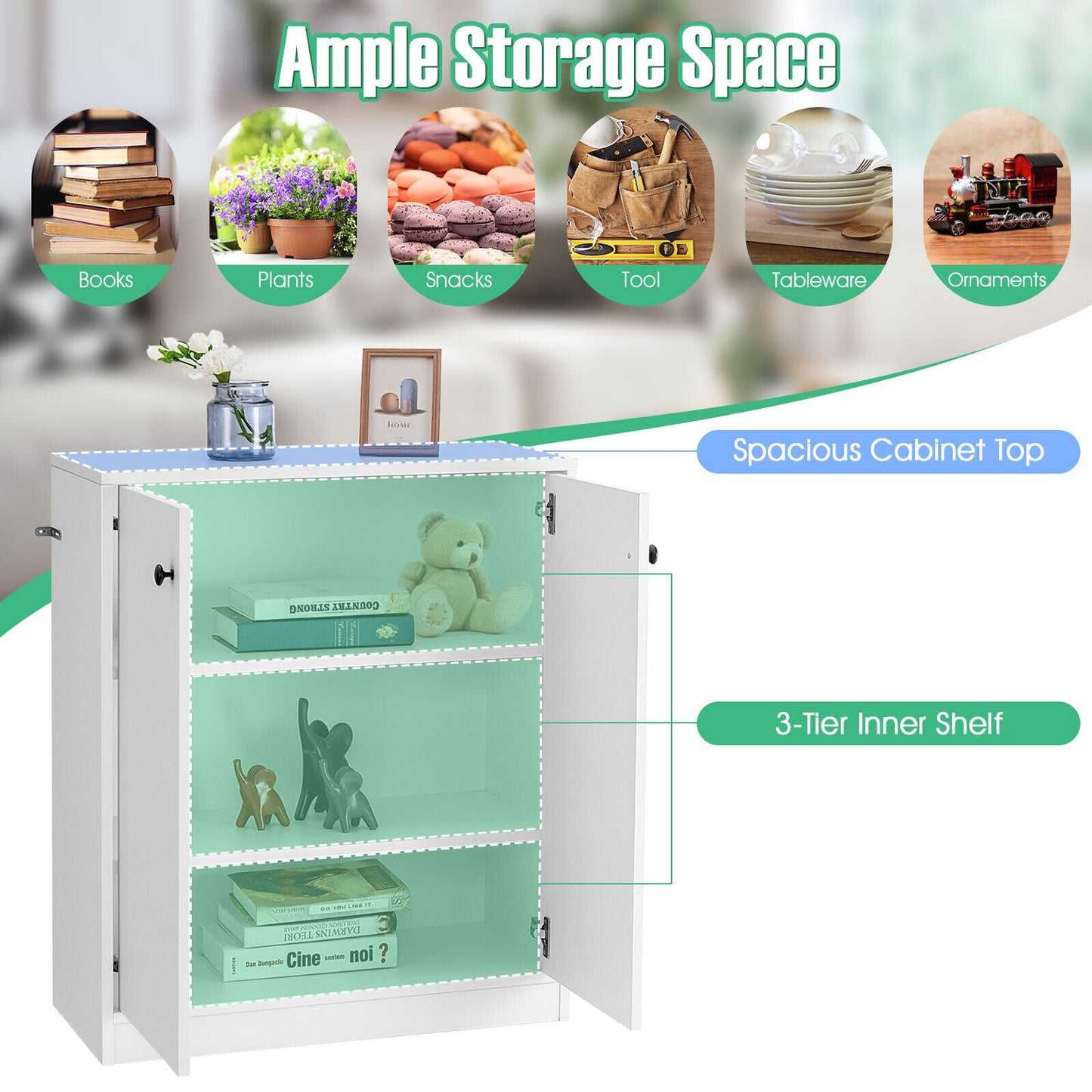 2-Door storage base cabinet with 3-Tier inner shelf, white exterior, dust-proof interior on Tampa Home & Garden Store