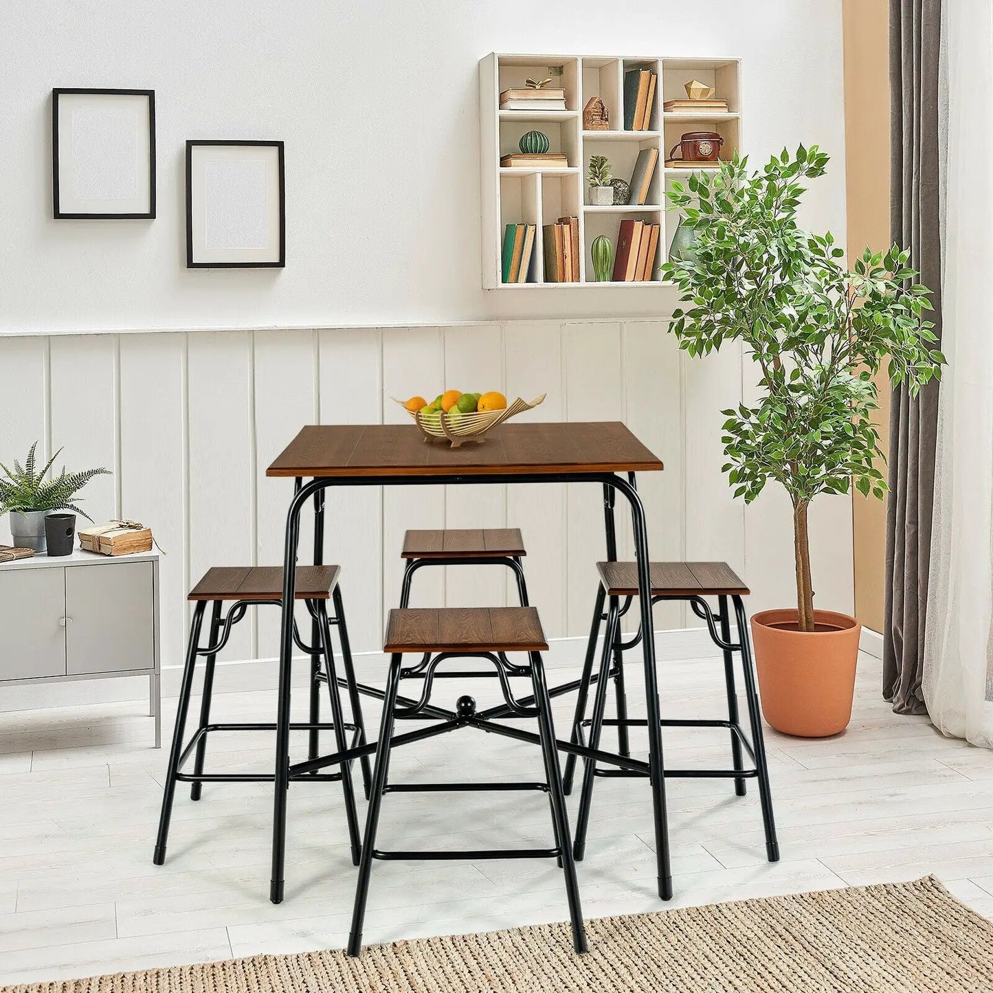 Bar Table Set with 4 Backless Stools, Rustic Brown wood tabletop and Black metal legs on Tampa Home & Garden Store
