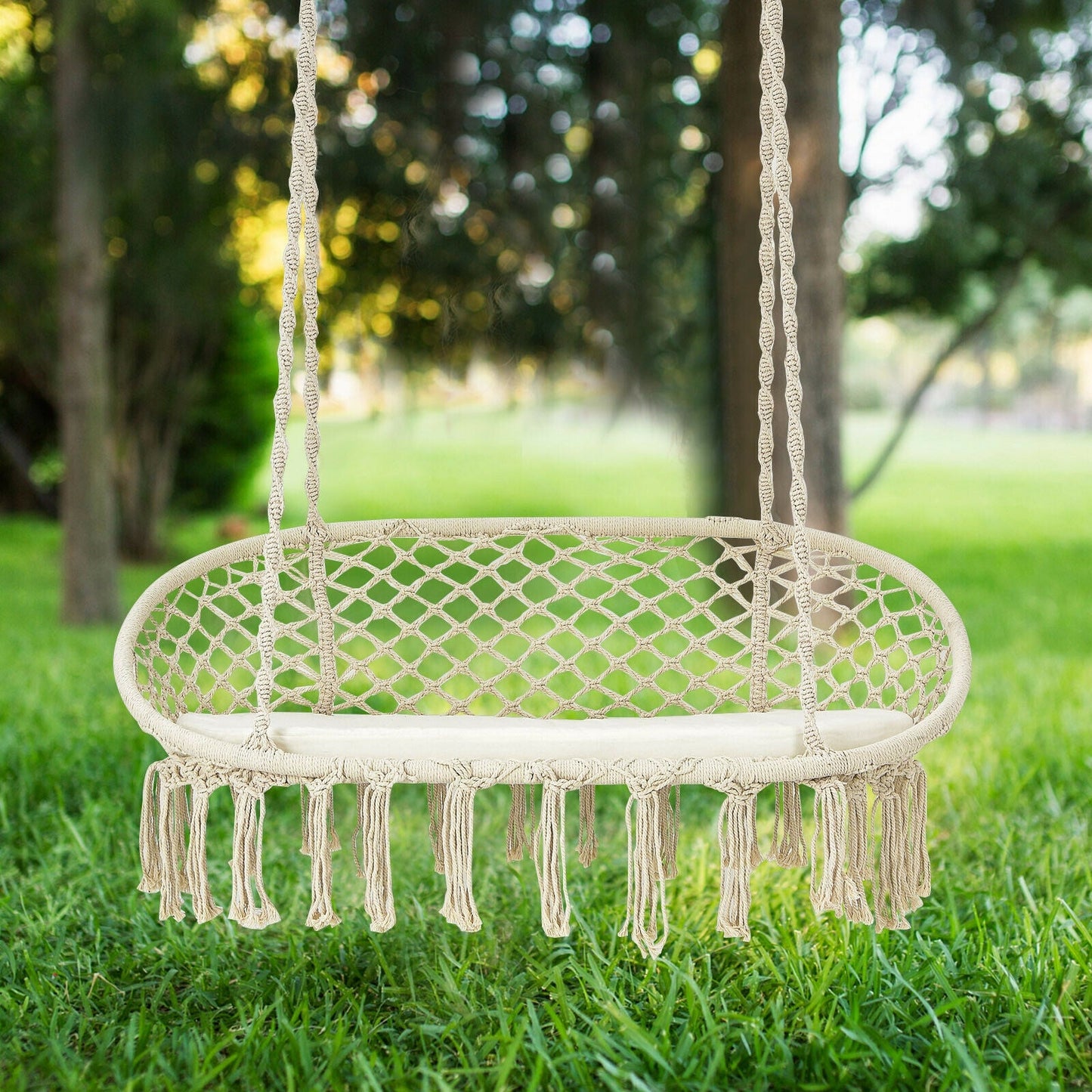 Silla de hamaca colgante de macramé para 2 personas con cojín - Beige