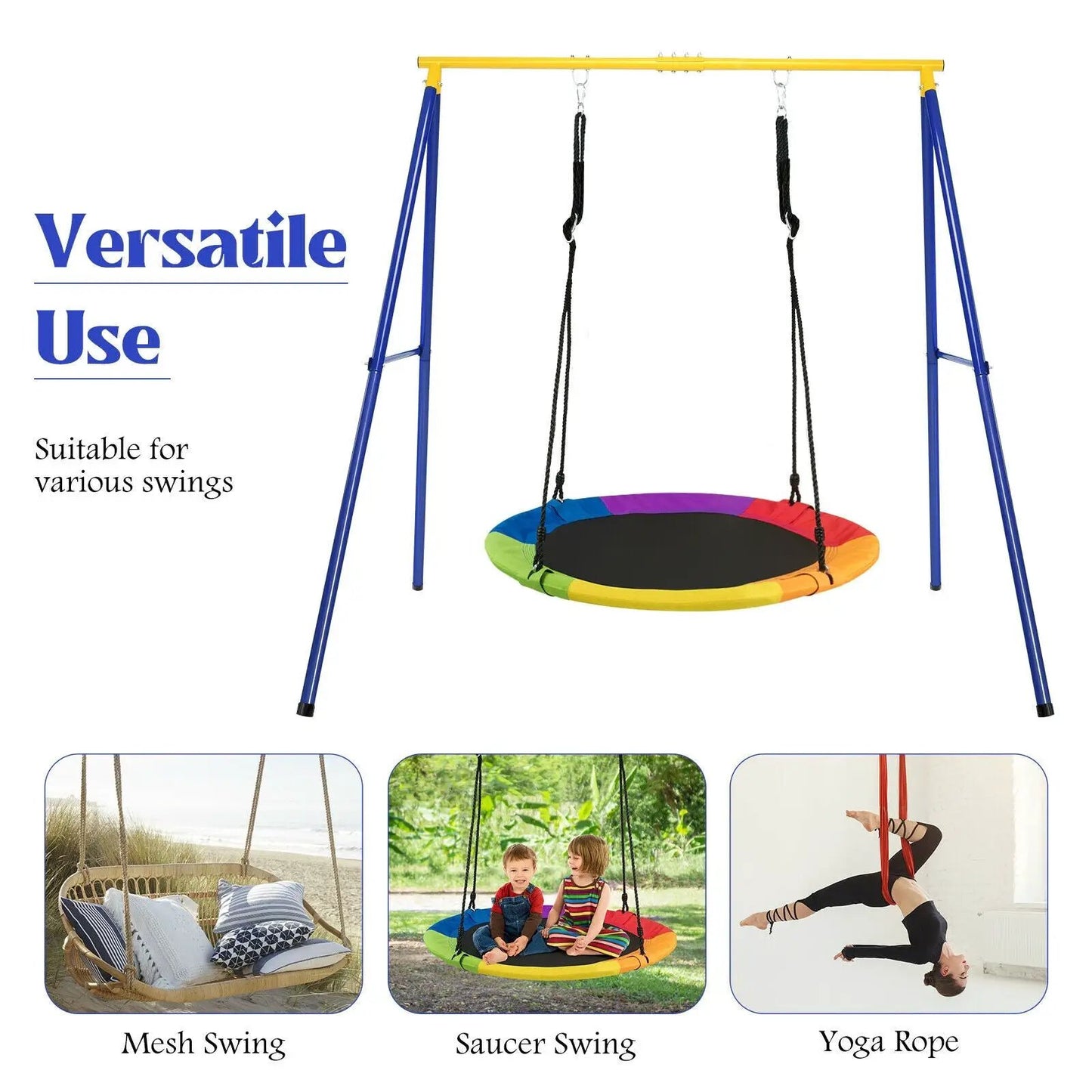 Extra Large Heavy Duty A-Frame Swing Stand blue frame with yellow top bar rainbow saucer swing on Tampa Home & Garden Store
