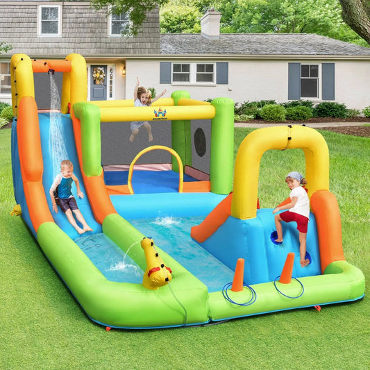 8-in-1 Inflatable Water Slide Bounce House with splash pool in bright yellow, green, blue by Bountech on Tampa Home & Garden Store
