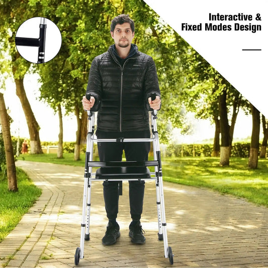 Height adjustable rolling walker with seat, silver aluminum frame, black seat, DirectDeals on Tampa Home & Garden Store