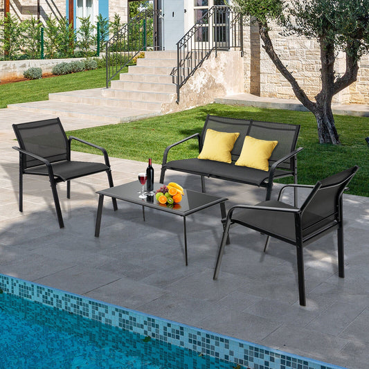 4 Pieces Patio Furniture Set with Armrest Loveseat Sofas and Glass Table Deck-Black - Tampa Home & Garden Store
