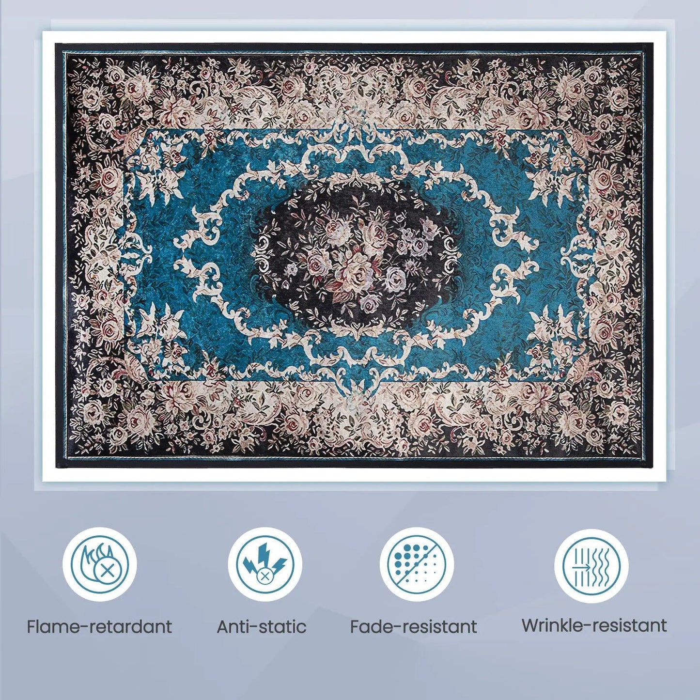 Area Rug DirectDeals teal blue rug with ornate beige floral border anti-slip non-shedding on Tampa Home & Garden Store