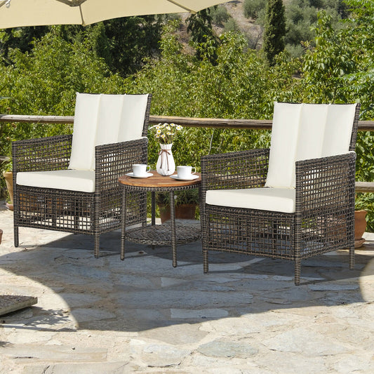 3 Pieces Patio Rattan Furniture Set with Cushioned Sofas and Wood Table Top-White - Tampa Home & Garden Store