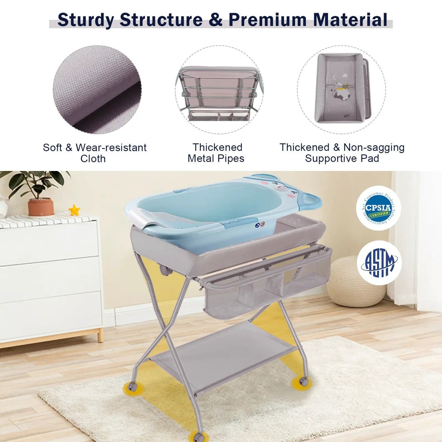 Gray baby changing table with safety belt on a wheeled stand with lower shelf on Tampa Home & Garden Store