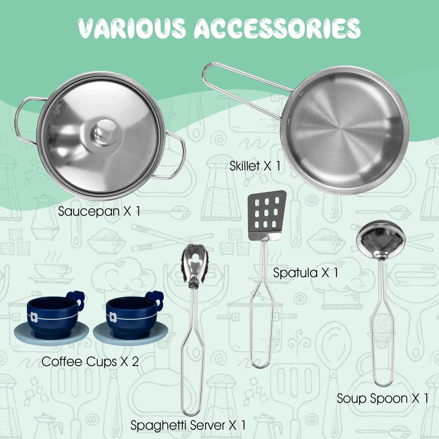 Wooden Kids Kitchen Playset With Light and Sound metal cookware: saucepan, skillet, spatula on Tampa Home & Garden Store