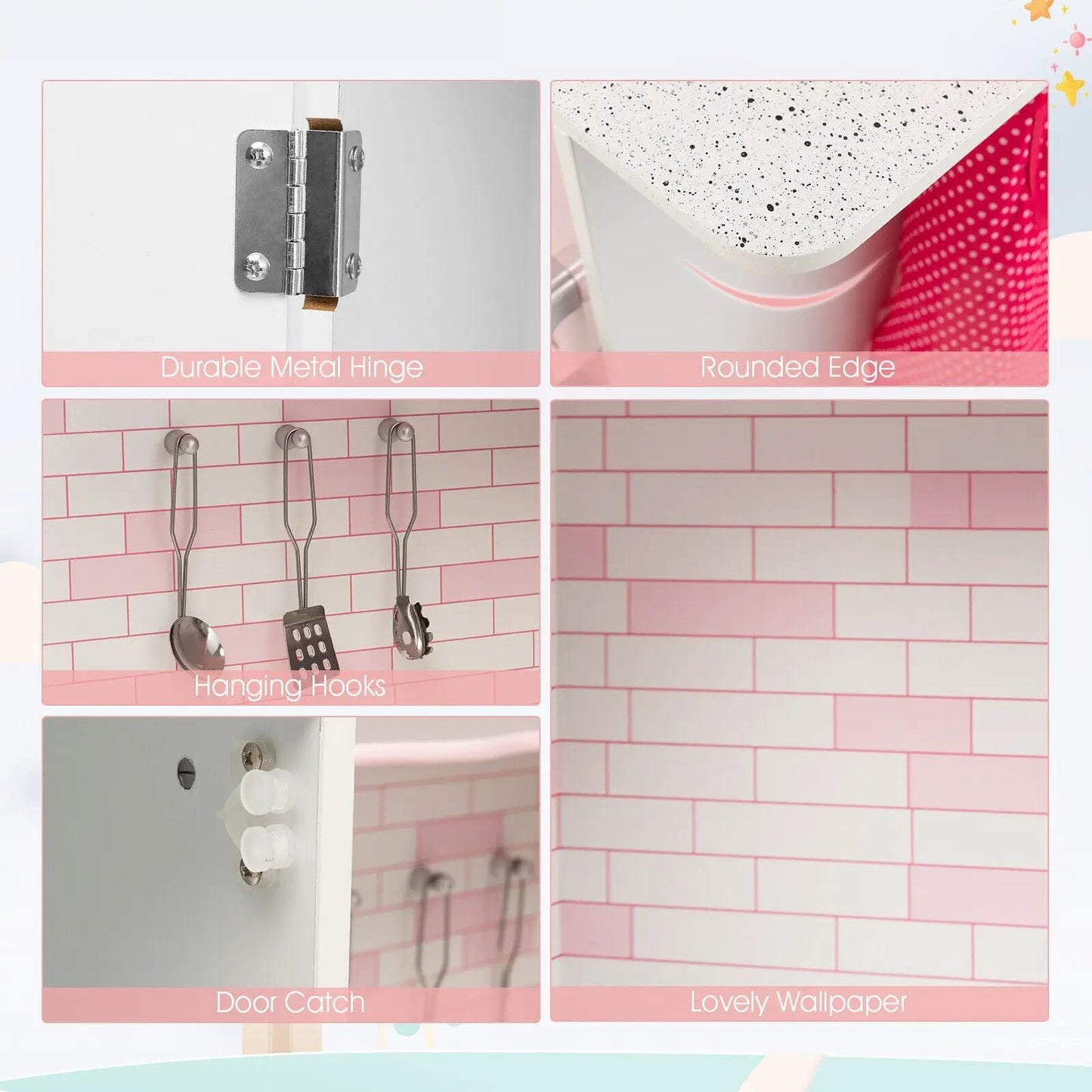 Corner Play Kitchen wooden toy set with sound pink tiled wallpaper and hanging hooks on Tampa Home & Garden Store