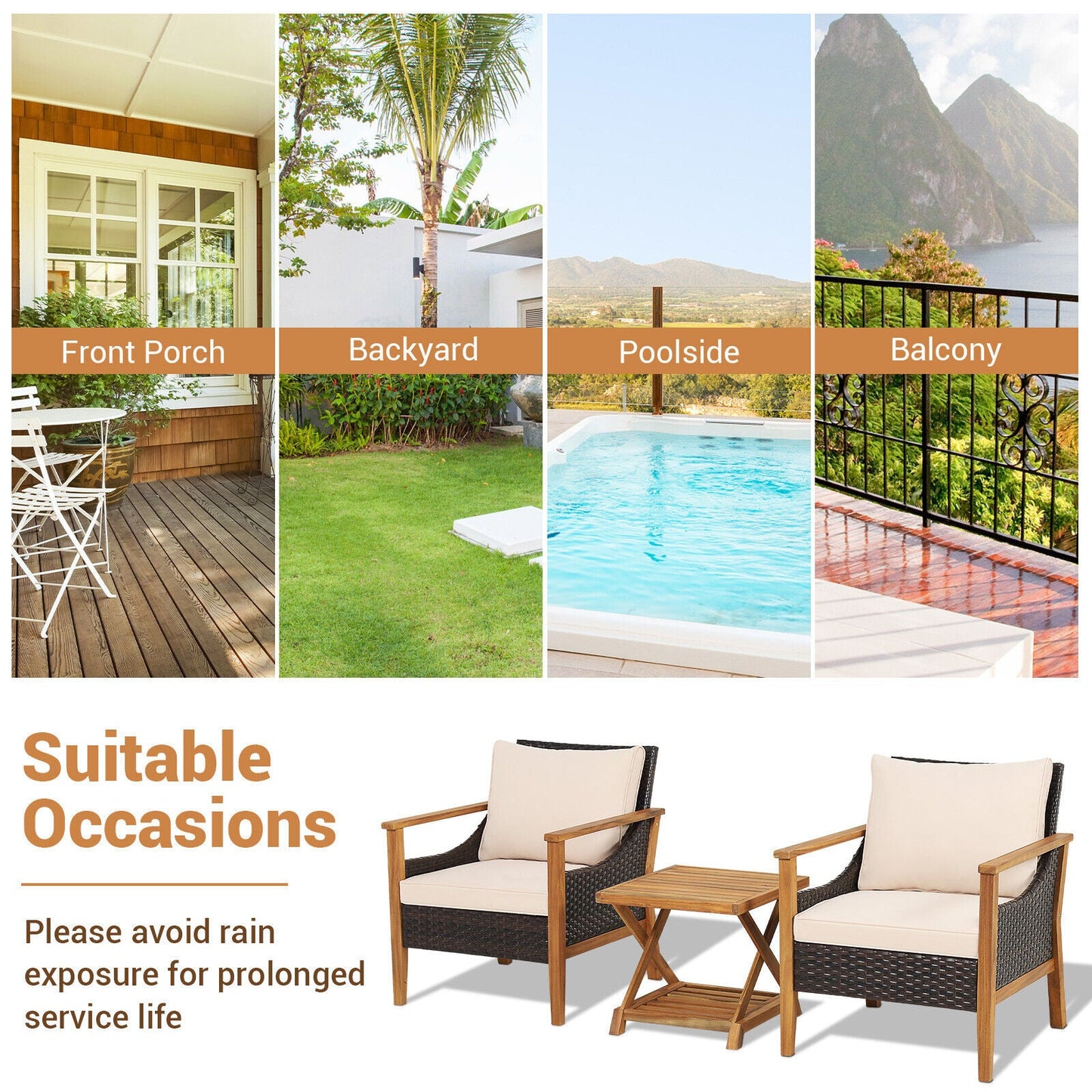 3 Piece Patio Wicker Set with Cushioned Armchairs in brown wicker and cream cushions for outdoor porch on Tampa Home & Garden Store