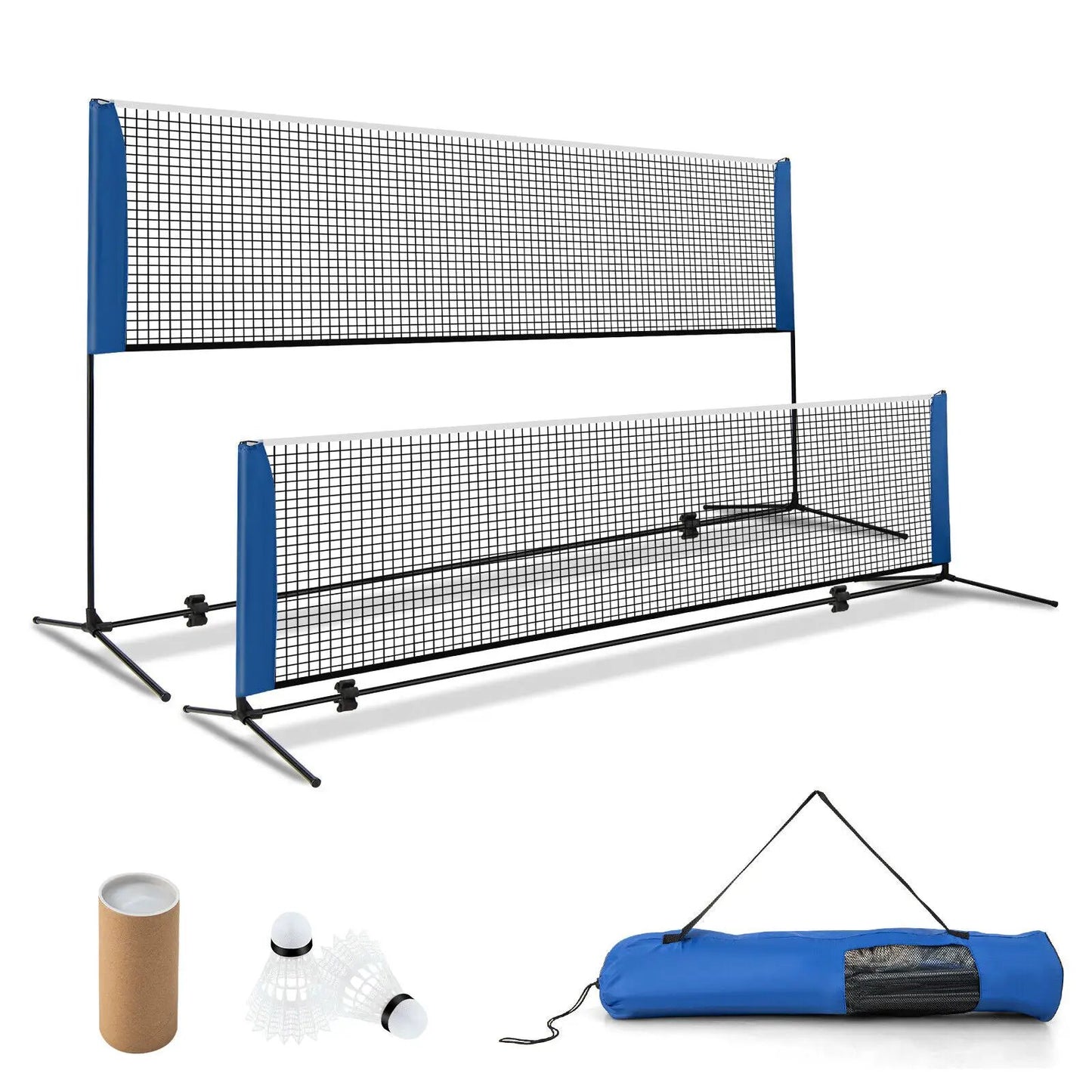 Adjustable badminton net stand with two blue-end panels and carry bag DirectDeals 10/14 ft on Tampa Home & Garden Store