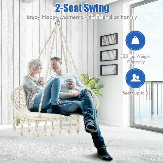 2 Person Hanging Hammock Chair with Cushion Macrame Swing-Beige - Tampa Home & Garden Store