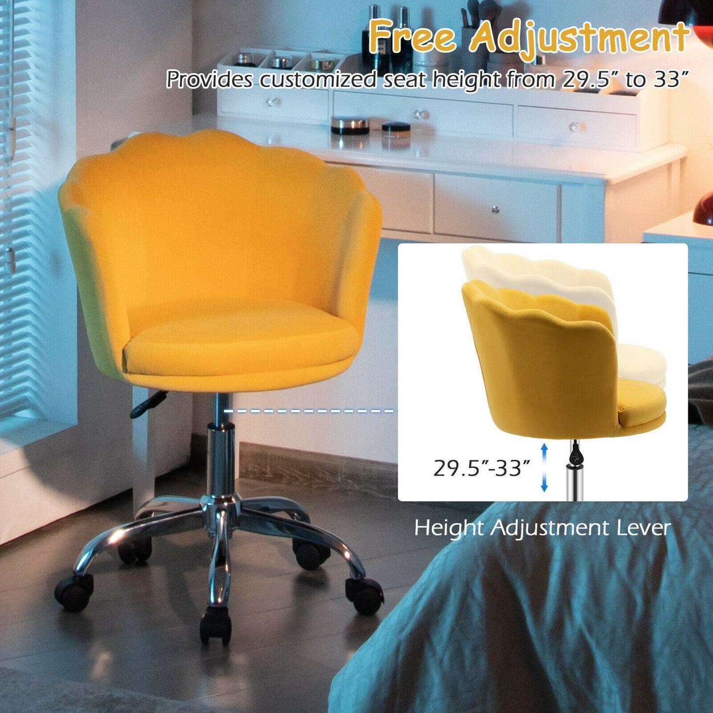 Silla de tocador de terciopelo ajustable con respaldo de concha marina y ruedas - Rosa