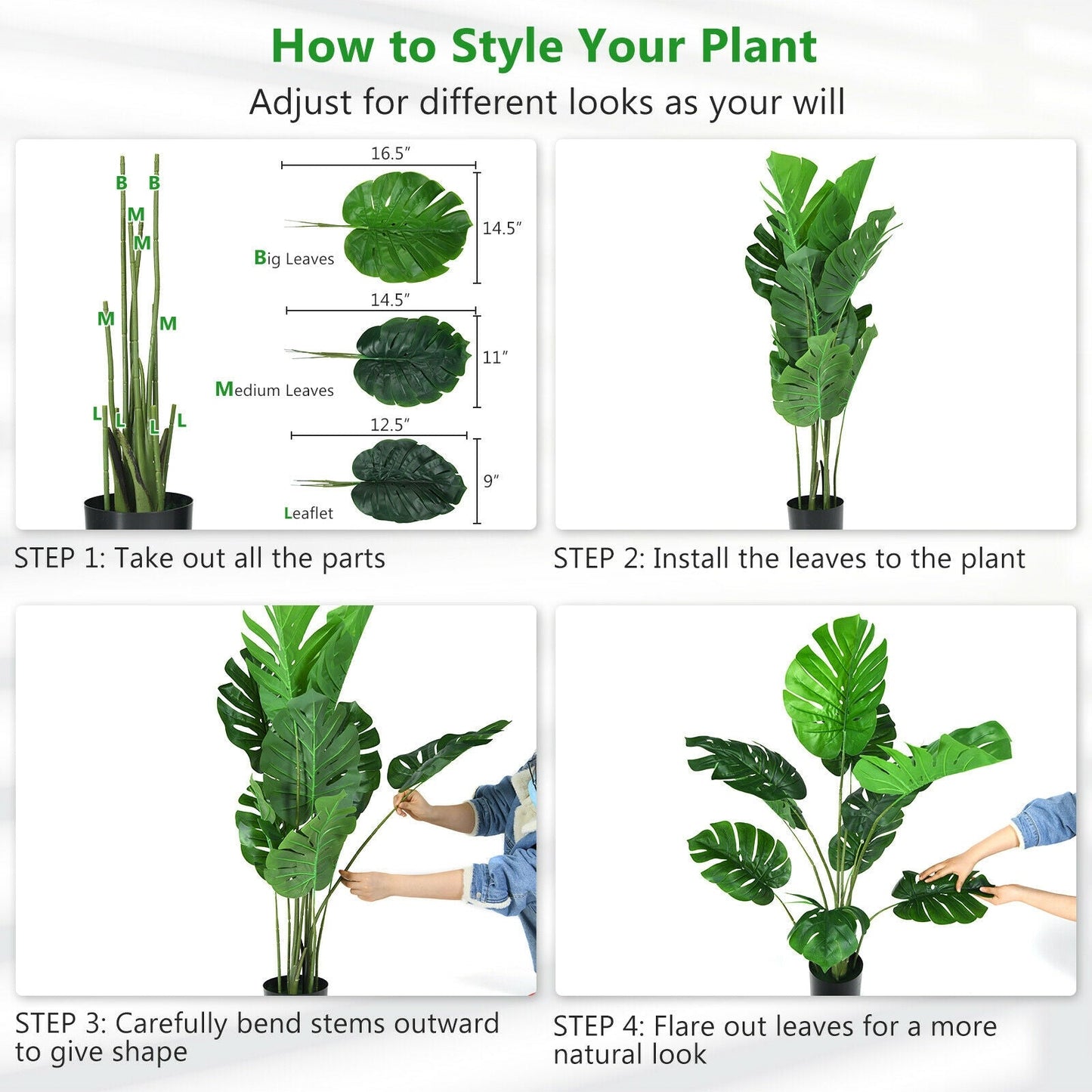 Paquete de 2 árboles artificiales de Monstera Deliciosa con 10 hojas de diferentes tamaños