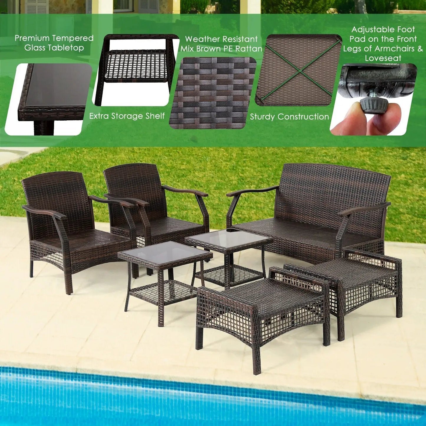 Outdoor Patio Furniture Set 7-piece dark brown wicker with glass-top tables on Tampa Home & Garden Store