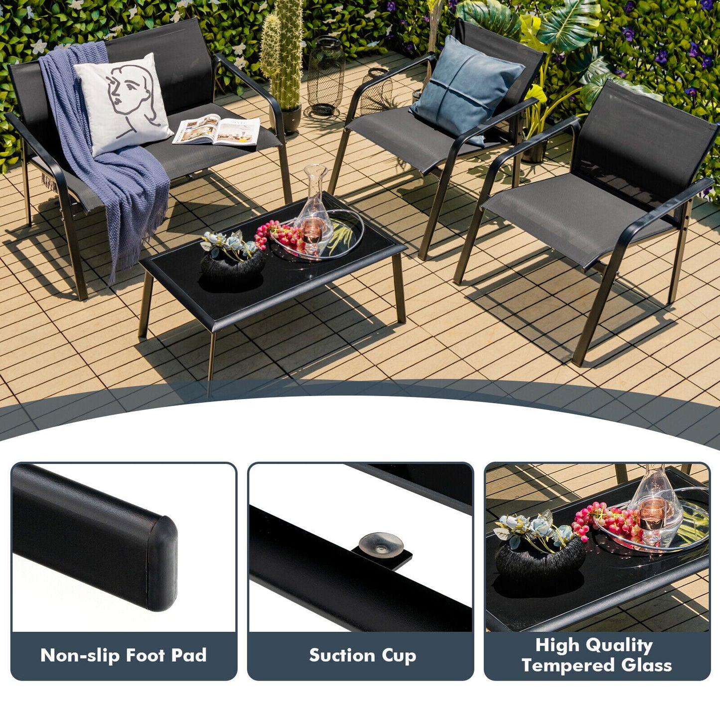 DirectDeals 4-Piece Patio Set with Armrest Loveseats, black frame, glass top table on Tampa Home & Garden Store