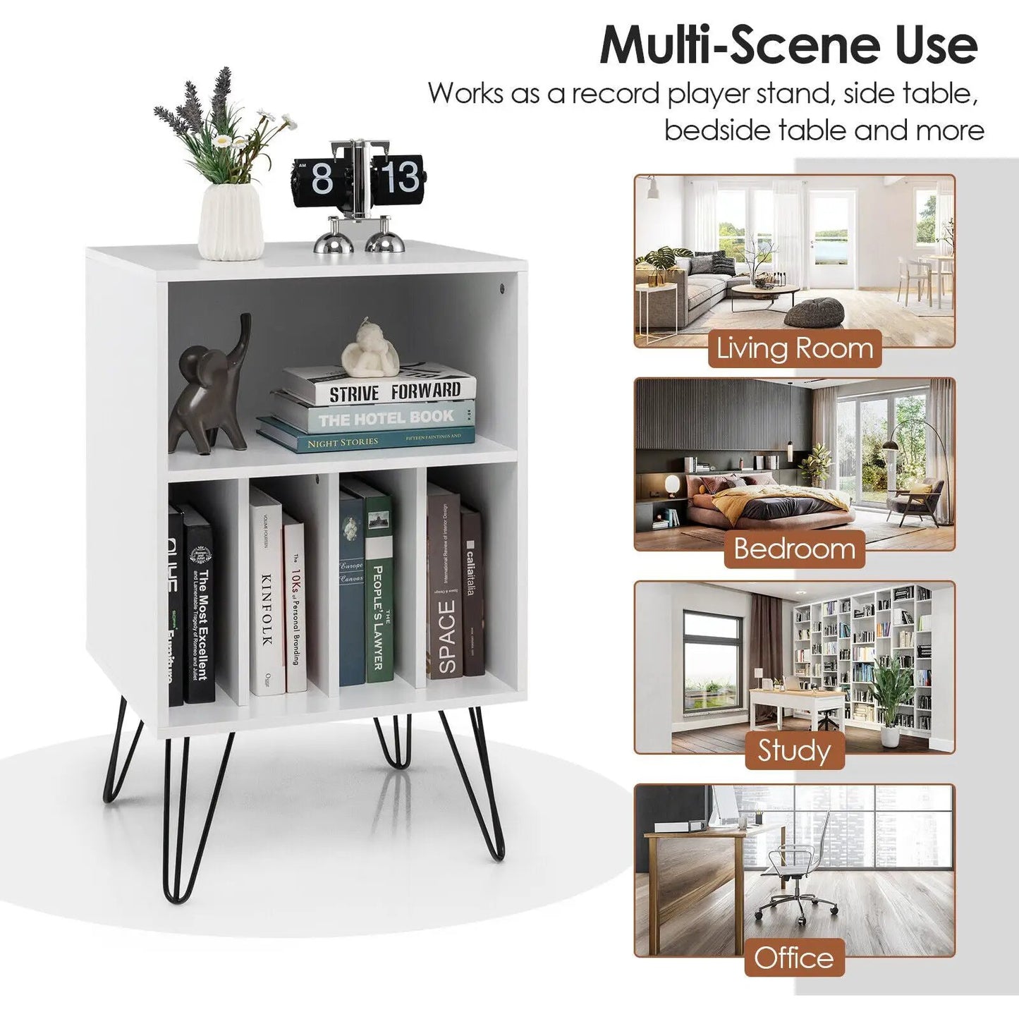 Freestanding Record Player Stand with Metal Legs by DirectDeals, white finish, open cubby storage on Tampa Home & Garden Store