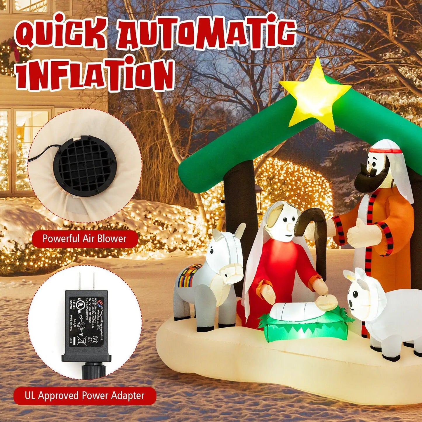 6.7 ft Christmas nativity inflatable with LED lights by DirectDeals, green arch with star on Tampa Home & Garden Store