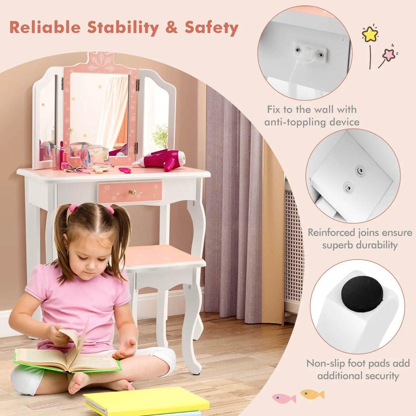 Princess vanity table and chair set with pink tri-fold mirror in child's room on Tampa Home & Garden Store