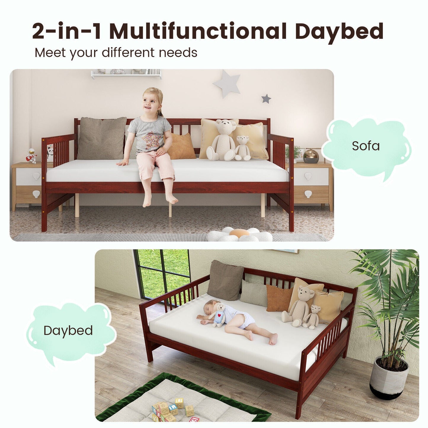 Base de cama nido de tamaño completo de madera con barandillas - Blanca