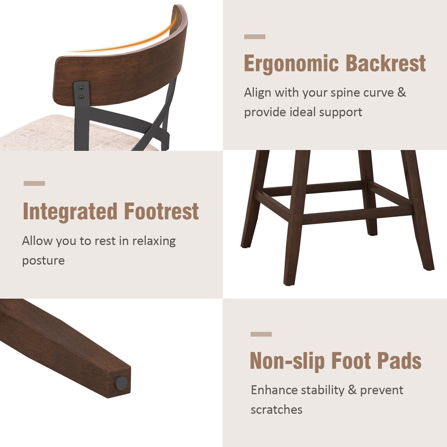 2 Wooden Swivel Bar Stools with Cushioned Seats, Open X-Back, Integrated Footrests in Dark Wood Finish on Tampa Home & Garden Store