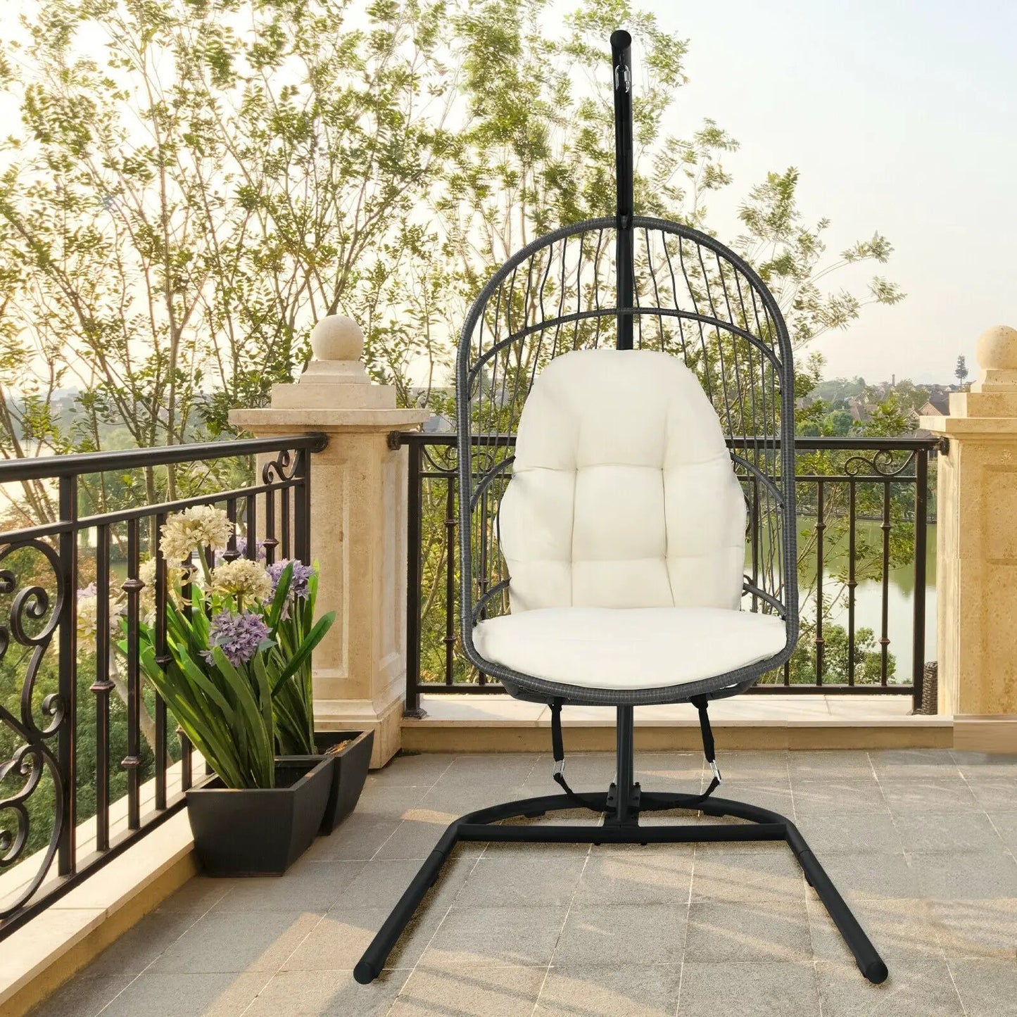 Hanging wicker egg chair with stand, white cushion, dark grey weave, DirectDeals swing chair on Tampa Home & Garden Store