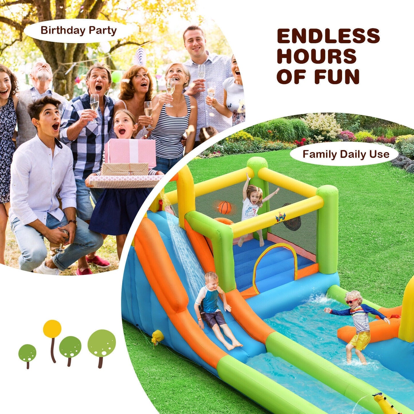 8-in-1 Inflatable Water Slide Bounce House with Splash Pool in blue, yellow, green outdoor fun on Tampa Home & Garden Store