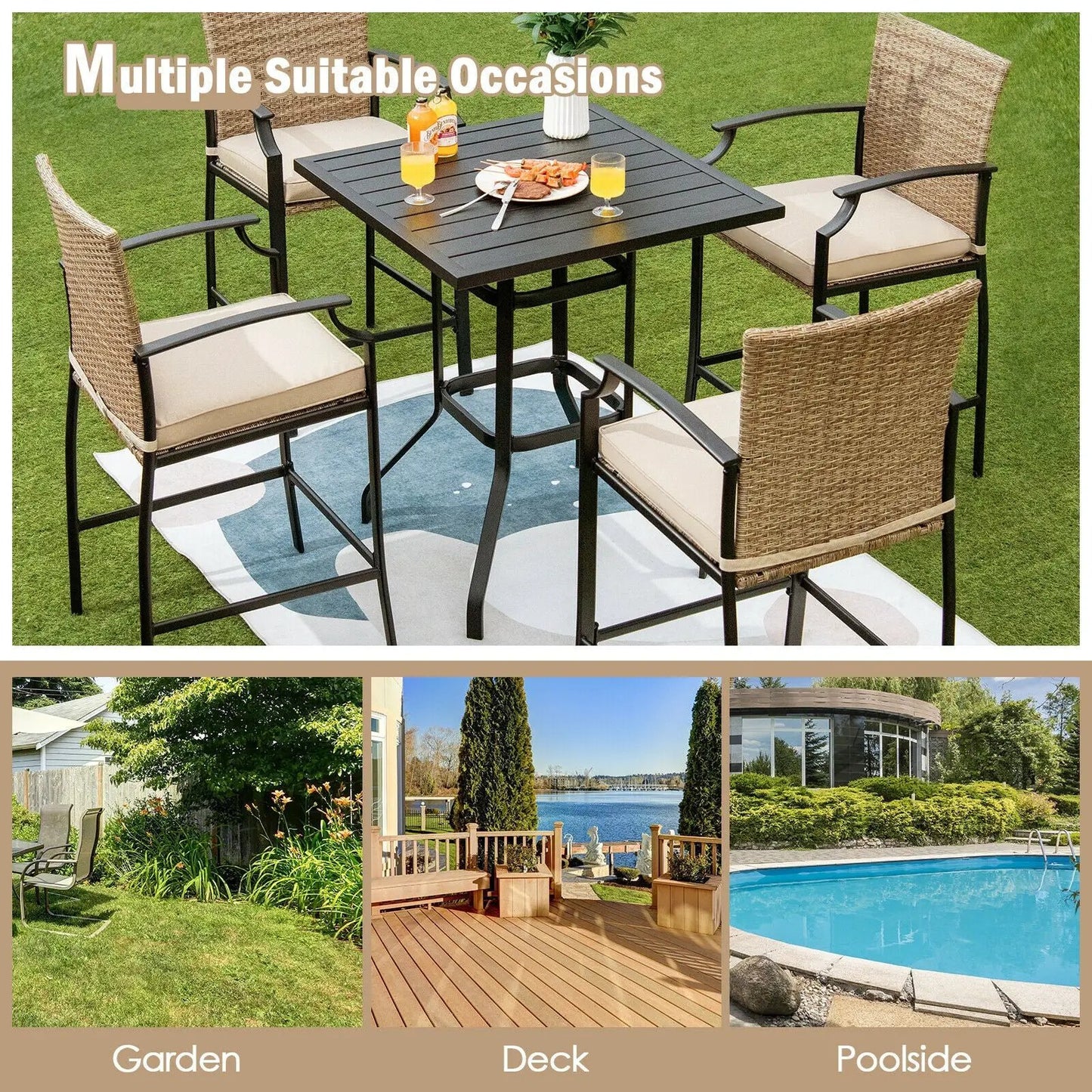 Patio rattan bar stools set of 4 with beige cushions around a square black outdoor table on Tampa Home & Garden Store