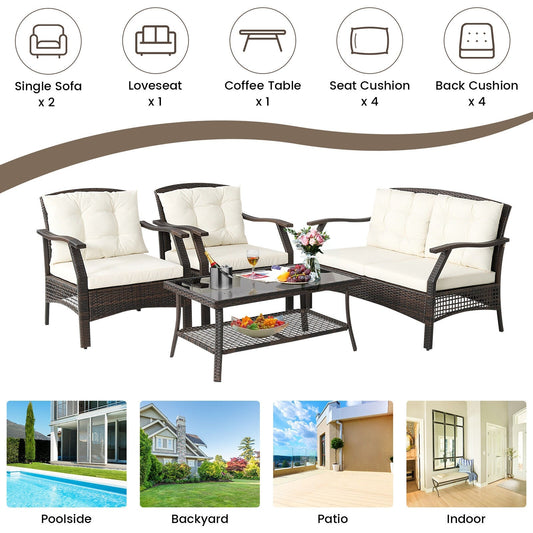 4 Pieces Outdoor Rattan Conversation Set with Protective Cover - Tampa Home & Garden Store