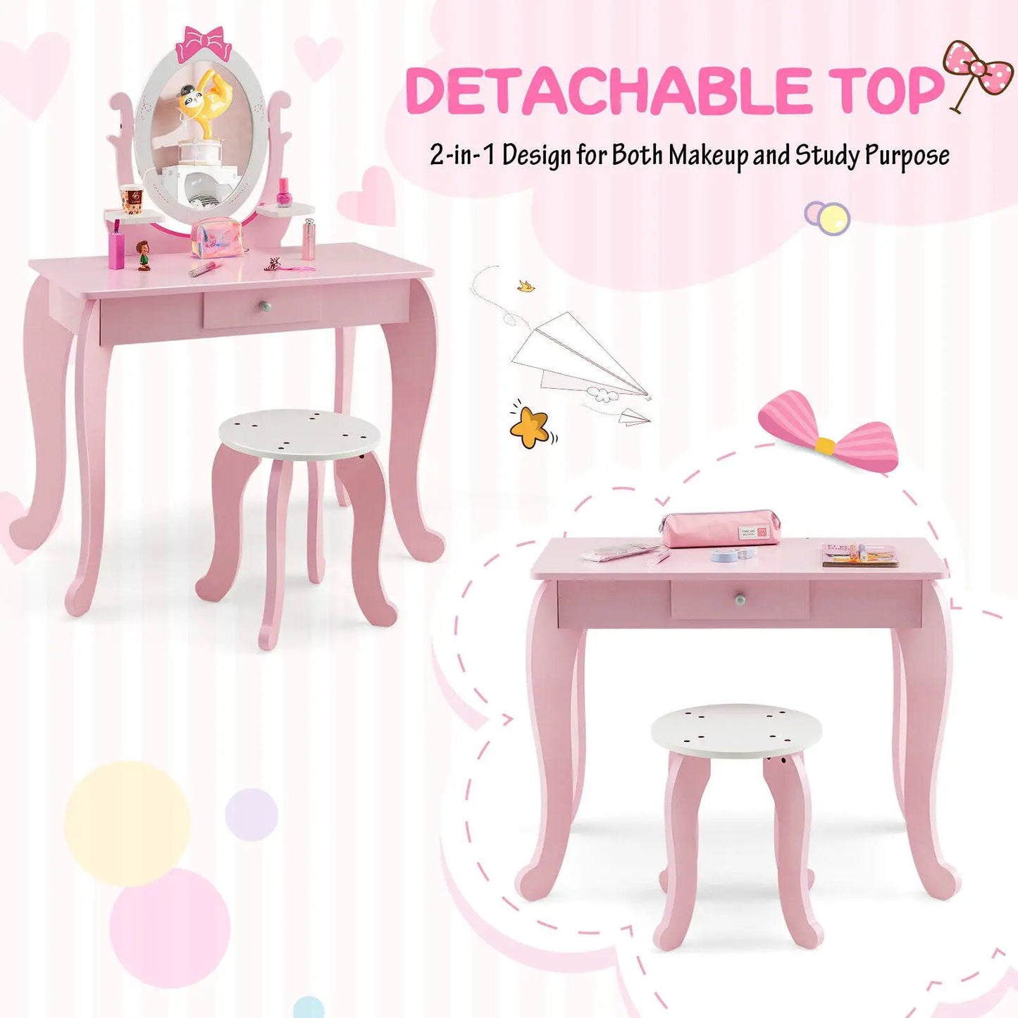 Kid vanity table and stool set with pink finish and oval mirror on Tampa Home & Garden Store