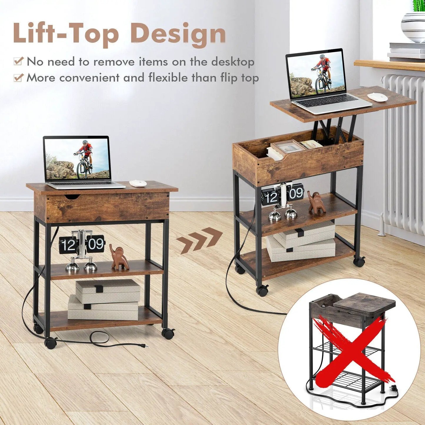 2 DirectDeals Lift Top End Tables with charge station wood tops on black metal frames with wheels on Tampa Home & Garden Store