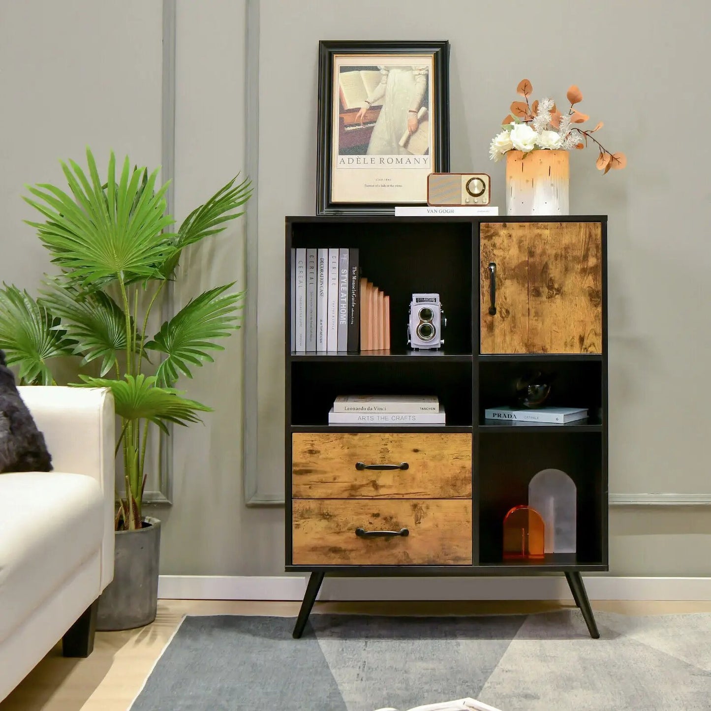 Industrial Buffet Sideboard with cubbies and drawers in black frame and wood-toned doors on Tampa Home & Garden Store