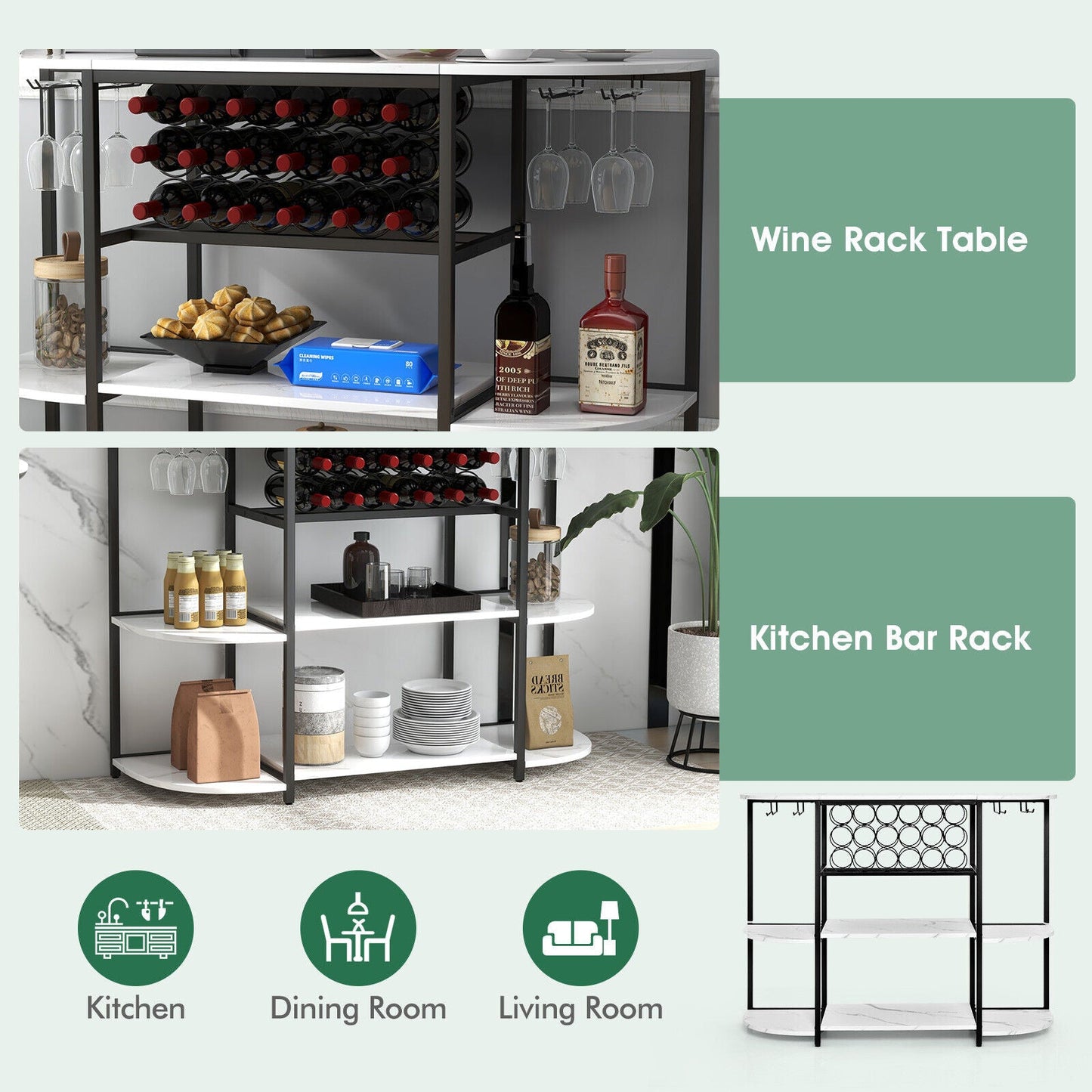 47 Inches Wine Rack Table with Glass Holder and Storage Shelves-Rustic Brown