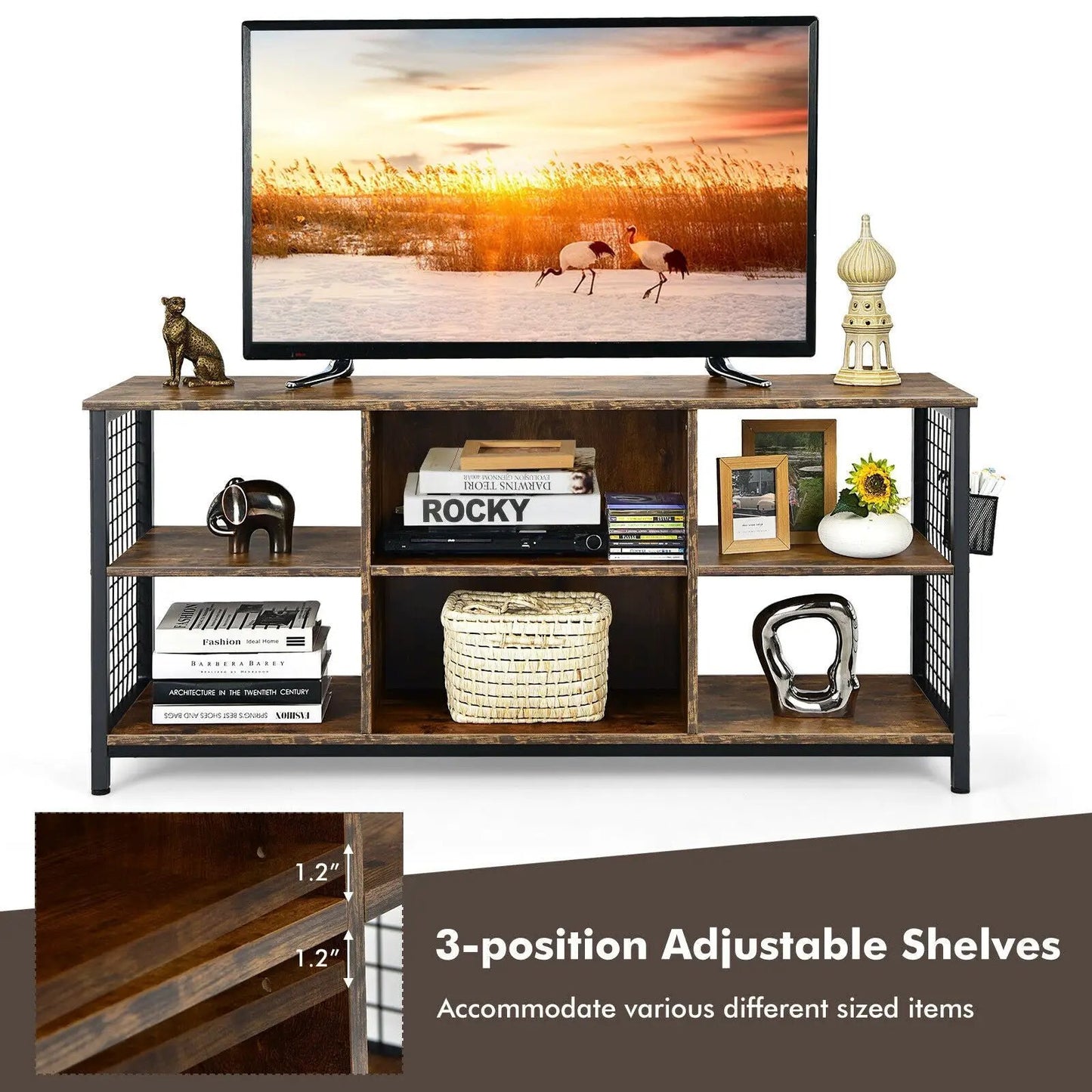 Mid Century wooden TV stand in rustic brown with black metal frame and storage basket on Tampa Home & Garden Store
