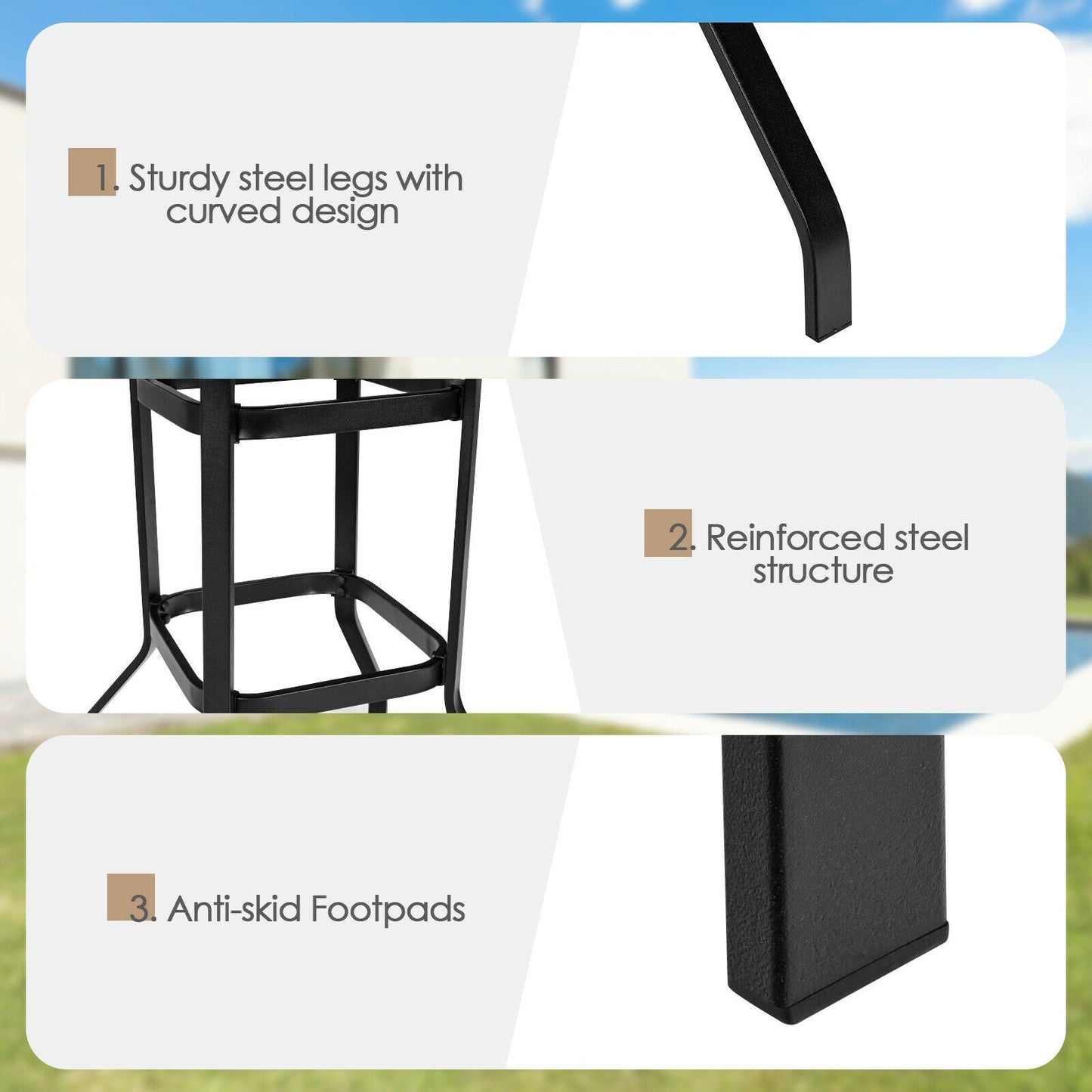Outdoor steel square bar table 32in DirectDeals powder-coated finish with curved legs on Tampa Home & Garden Store